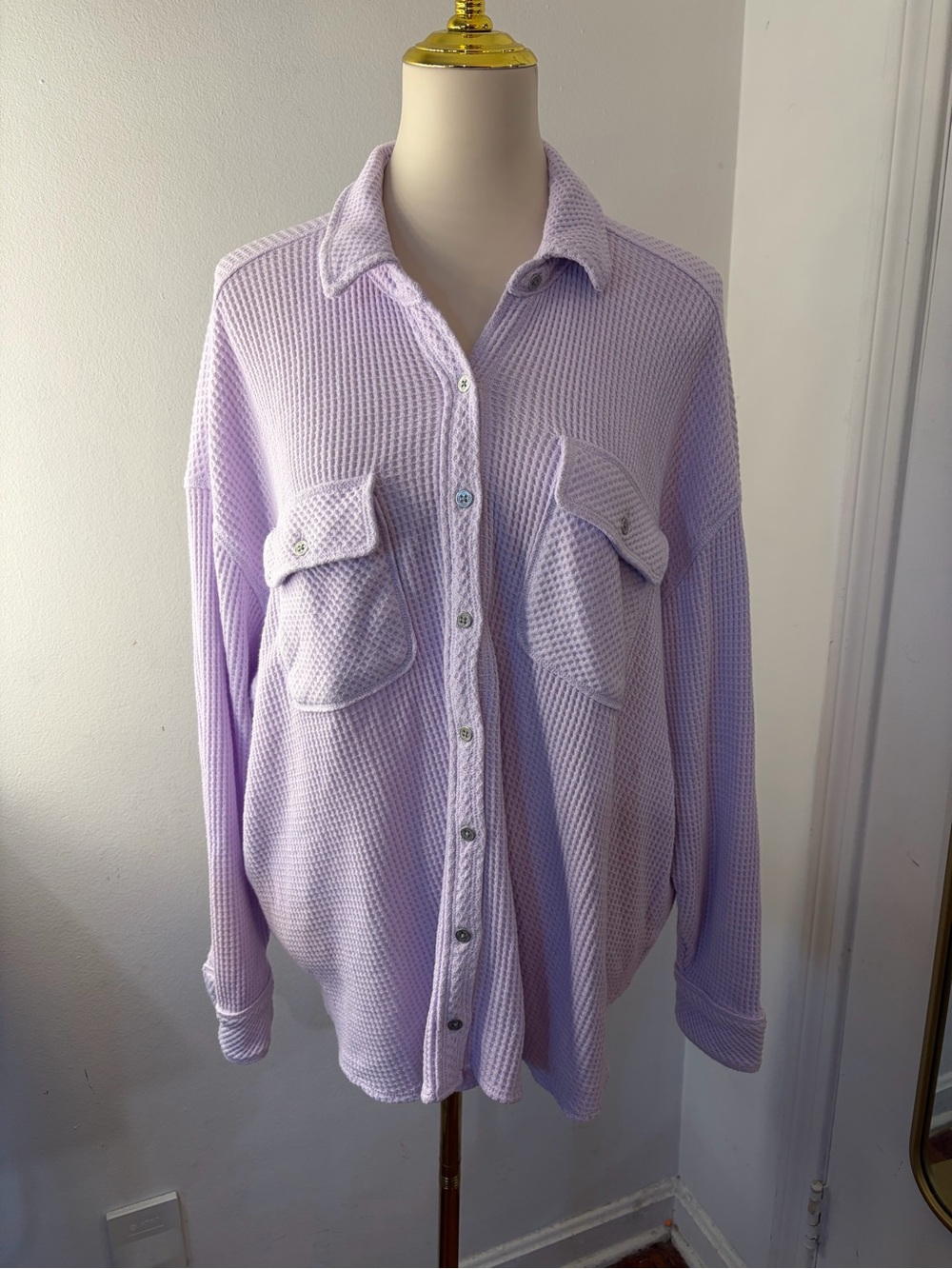 aerie Lavender Waffle-Knit Oversized Button-Front Shirt